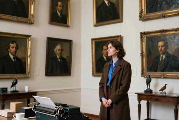 Elegant woman typing amidst historic portraits in sophisticated gallery