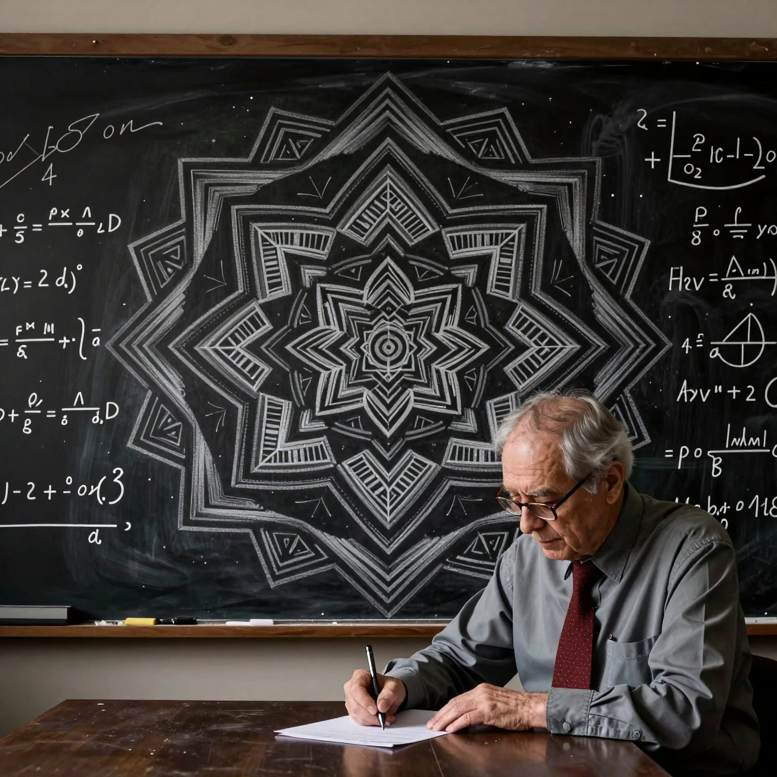 Professor Solves Equations Amidst Mandala