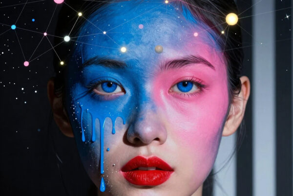 Woman face painted half-blue-half-pink with dripping paint, surrounded by floating stars and galaxies, cosmic-themed artistic portrait