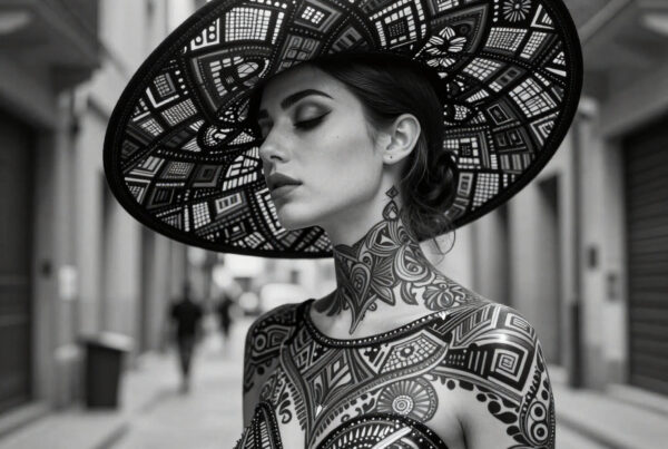 oman wearing ornate patterned outfit and wide-brimmed hat standing in urban alleyway, black and white photo, stylish portrait, body art, fashion photography, cultural aesthetics, creative concept shot