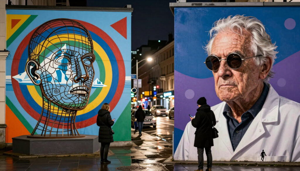 Nighttime Urban Street with Vibrant Murals and City Life