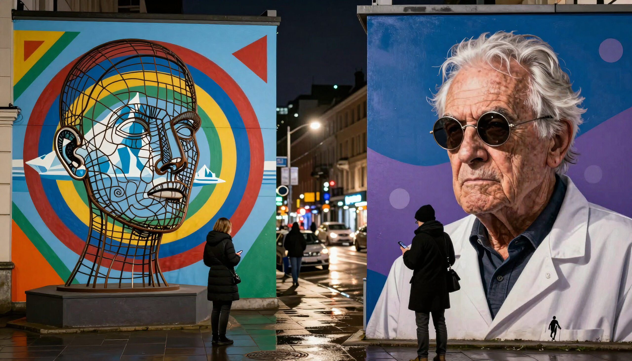 Nighttime Urban Street with Vibrant Murals