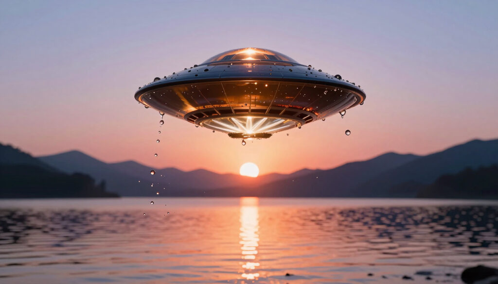 UFO hovering over serene lake at sunset with reflective waters a