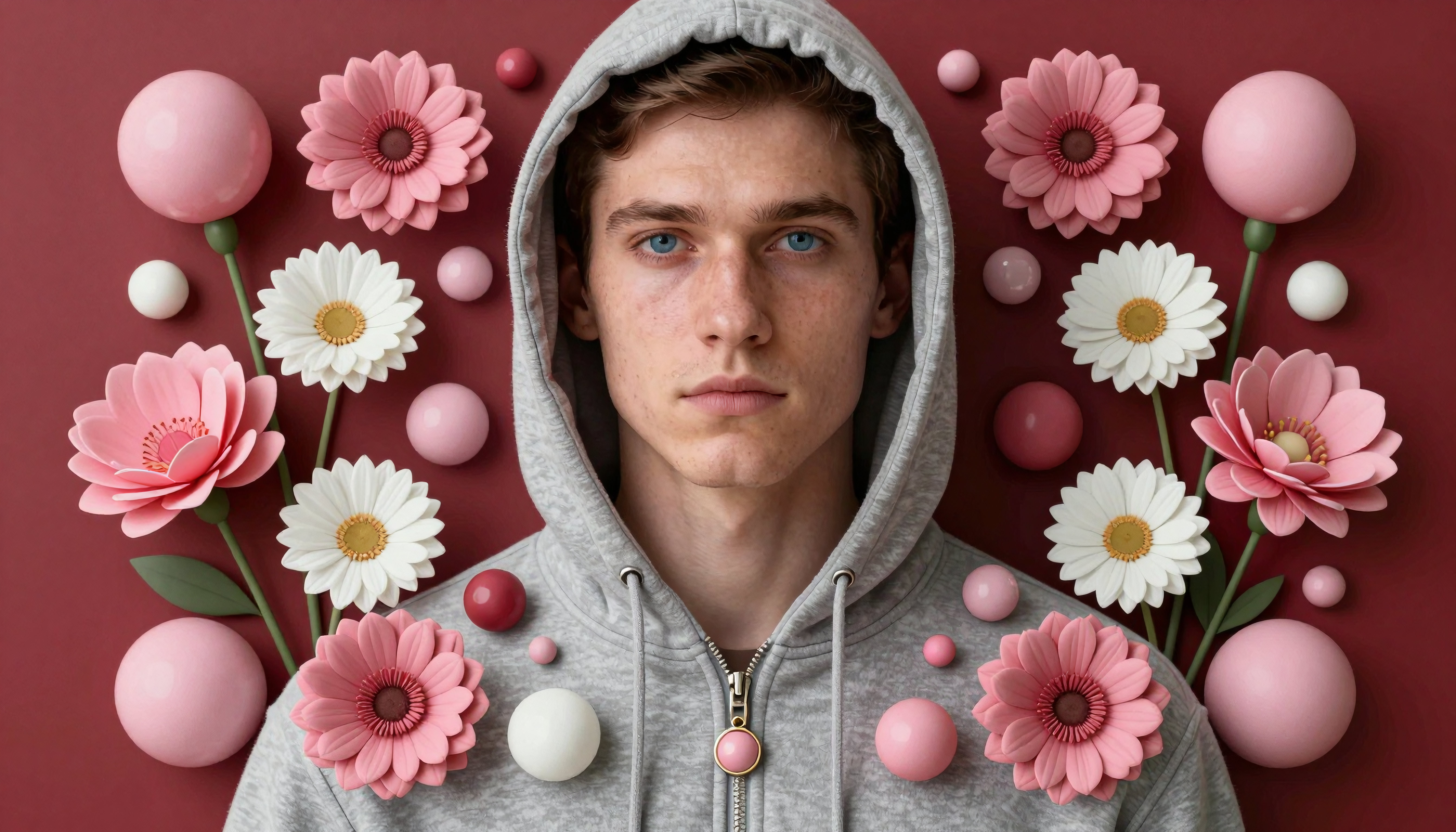 Portrait of a Person with Floral and Spherical Elements