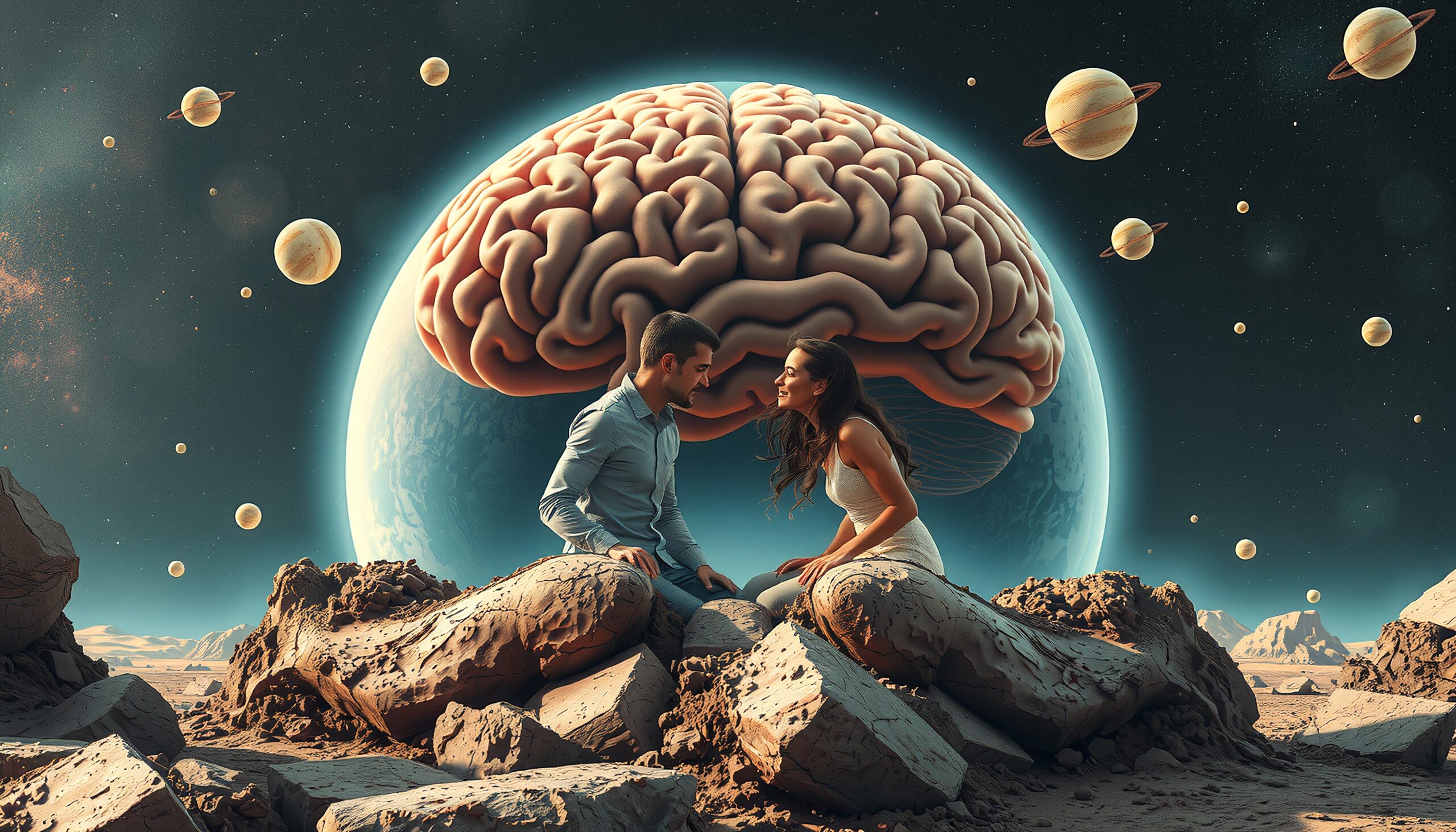 Couple Under Giant Brain with Planets
