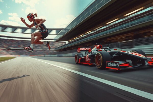 Athlete leaps energetically alongside a speeding racecar.