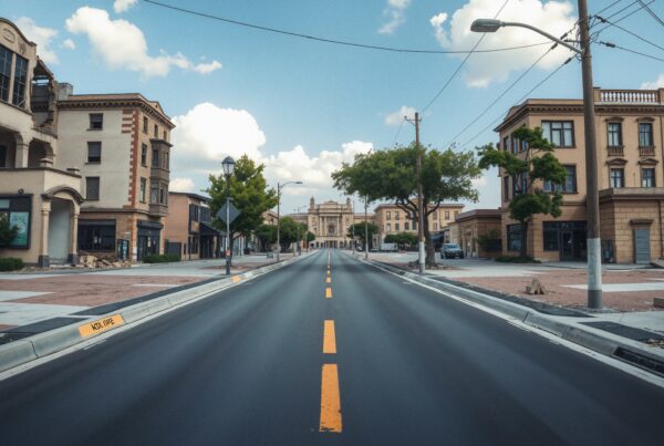 Abandoned urban street with old buildings and clear sky.