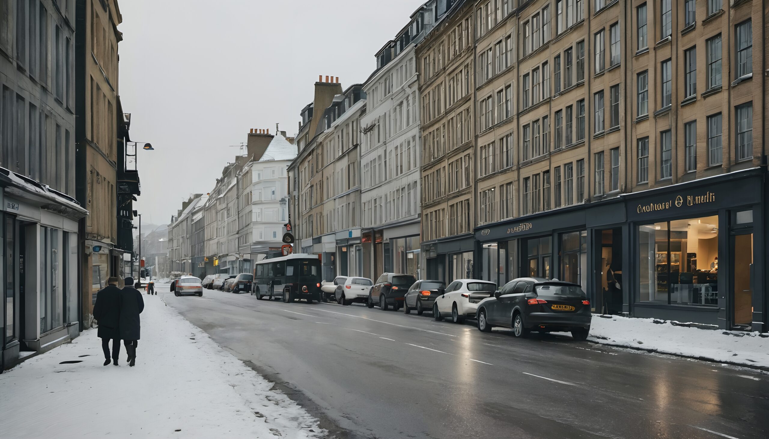 Snow-covered urban street scene
