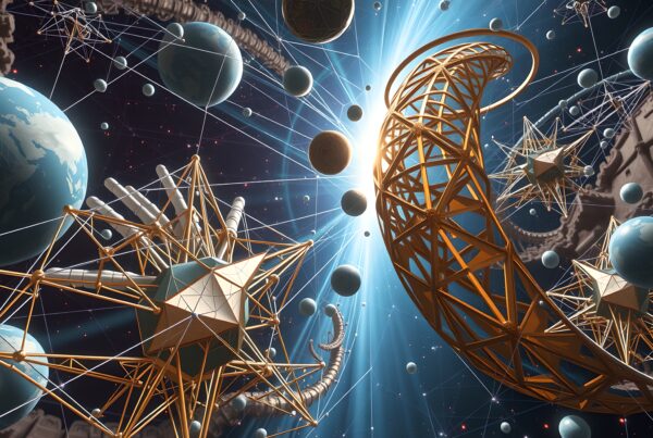 Futuristic image of geometric structures in space.