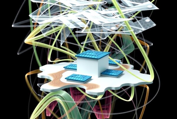 Abstract art piece featuring a central house model with swirling ribbons and hovering panels.