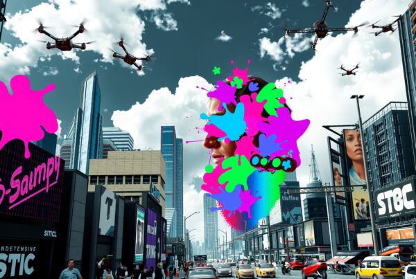 Futuristic cityscape with drones and colorful digital art elements.