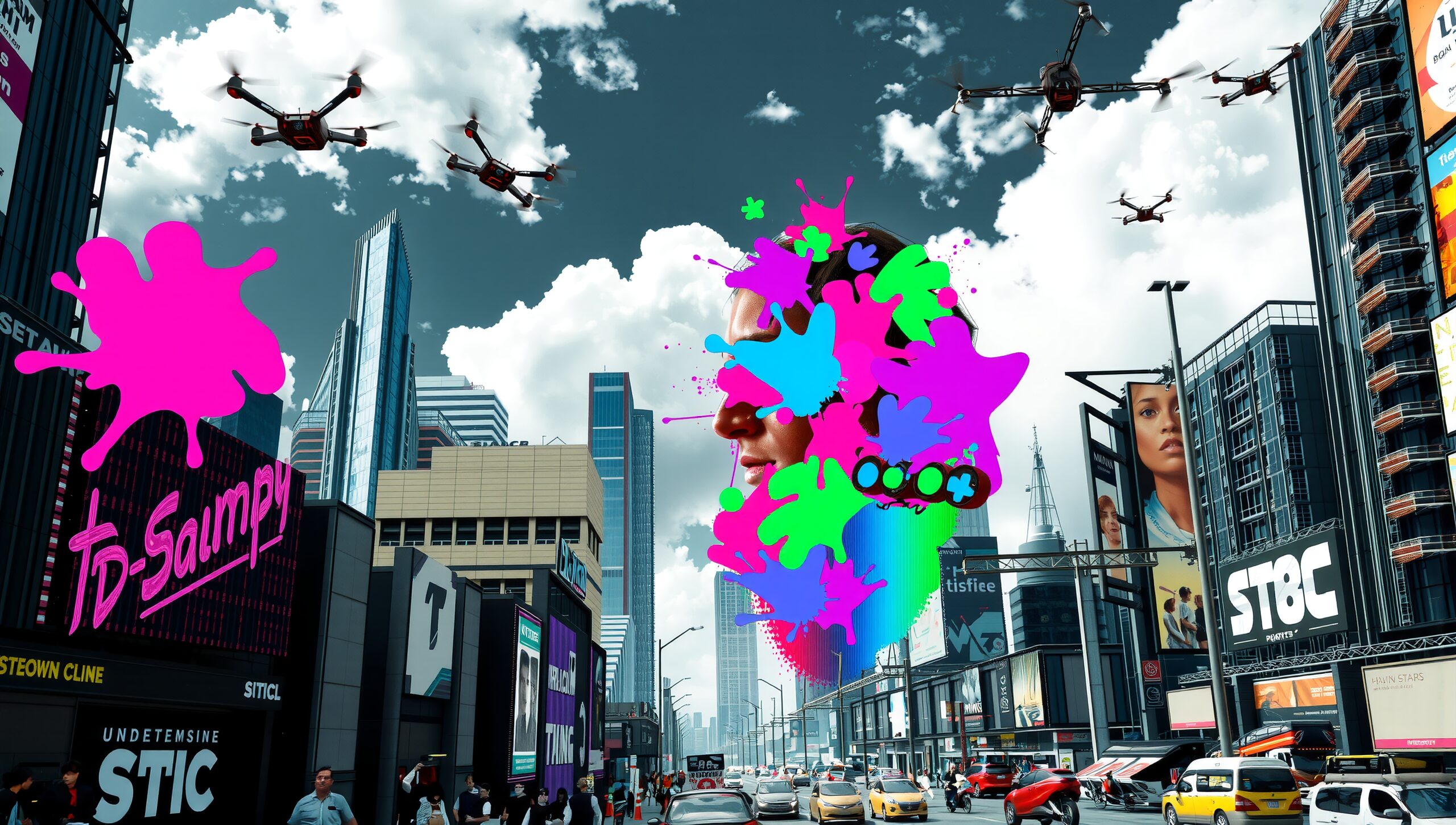 Futuristic City with Color Splashes