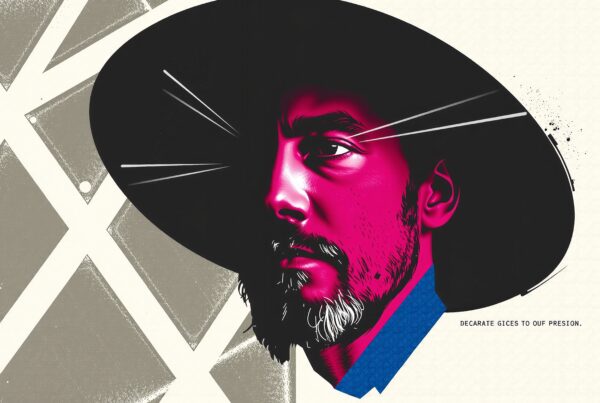 Vivid digital artwork of a man with a deep gaze, wearing a wide-brimmed hat against a geometric background.