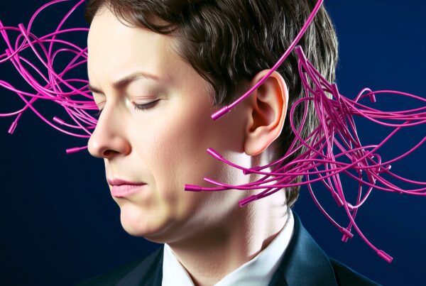 A person with closed eyes surrounded by vibrant pink cables on a blue background.