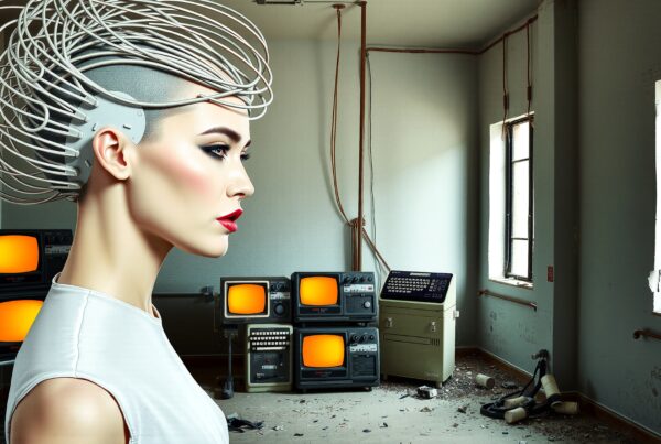 A woman with wired headpiece stands in a retro-tech room with glowing TVs.