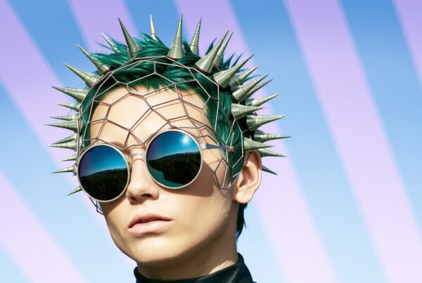 A person with green spiky hair wearing futuristic sunglasses and a metal headpiece on a blue and pink striped background.