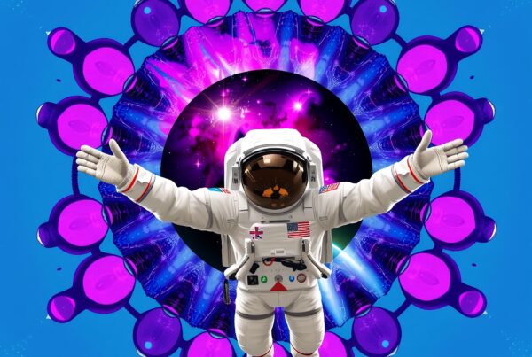 An astronaut in a vibrant cosmic explosion, surrounded by abstract art and vivid colors, represents discovery and wonder.