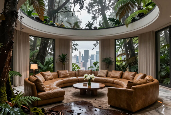 Luxurious tropical-themed living room blending nature and city skyline views through expansive windows