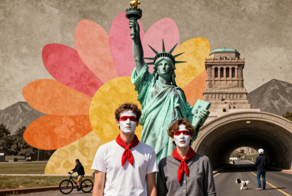 Two masked youths standing before Statue of Liberty amidst colorful floral background and historic architecture
