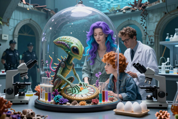 Scientists observe alien inside glass dome during mysterious lab experiment involving colorful artifacts and children present