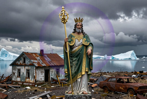 Sacred statue standing tall among destroyed houses and melted glacier landscapes during apocalyptic sunset