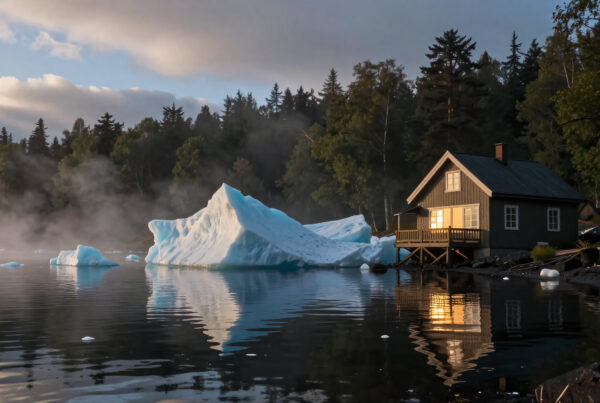 Rustic wooden cabin nestled beside calm waters with towering icebergs.