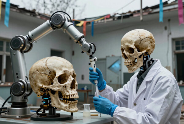 Cyborg skull scientist performing experimental procedure in futuristic lab