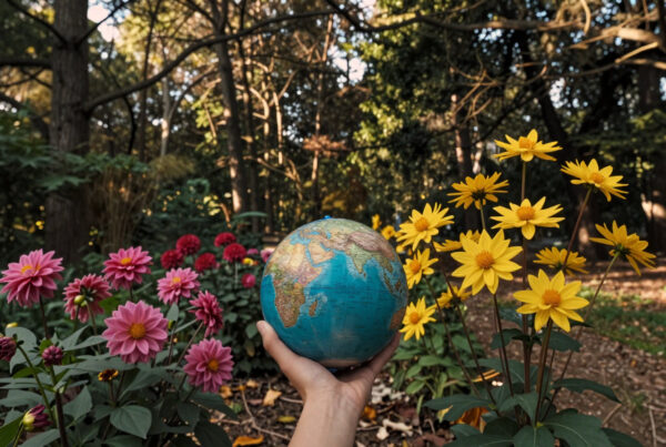 and holding globe surrounded by colorful flowers in peaceful forest setting