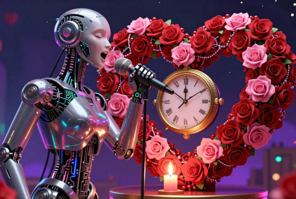 Romantic robot singer performing love song surrounded by roses and vintage clock