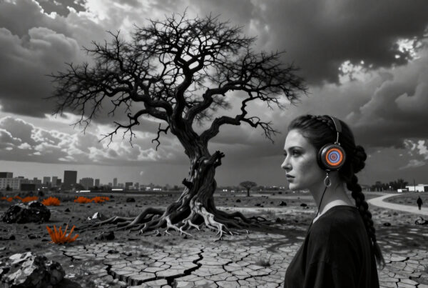 Woman wearing glowing headphones standing alone under a dead tree in a dried-up wasteland with distant city skyline