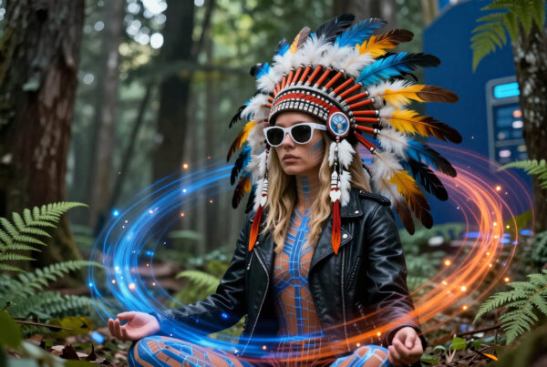 Woman wearing feathered headdress meditating amid glowing cosmic energies in enchanted forest merging traditional culture with futuristic cyberpunk aesthetics