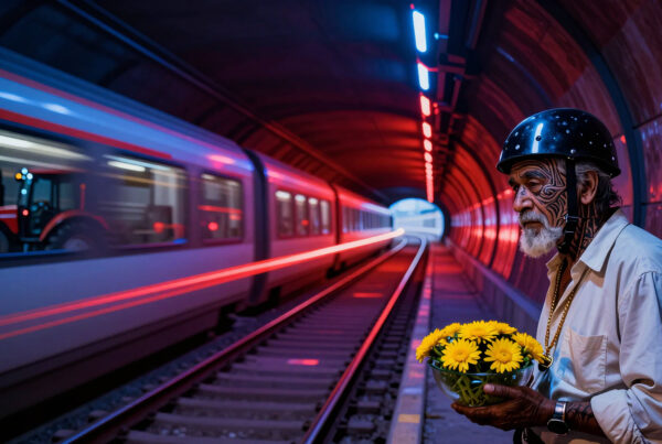 Elder holds sunflowers beside moving subway train under colorful lights