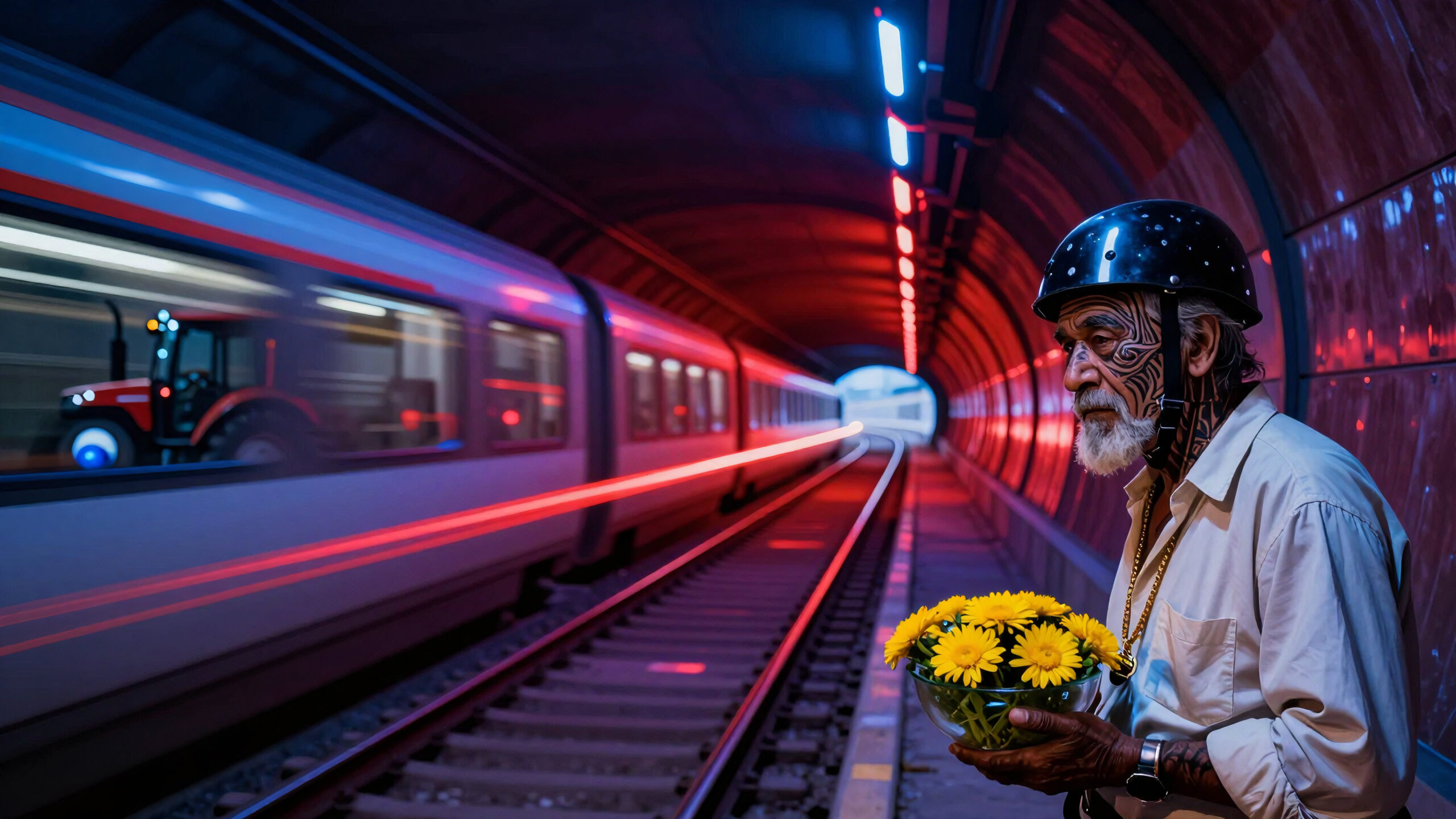Elder With Flowers In Subway