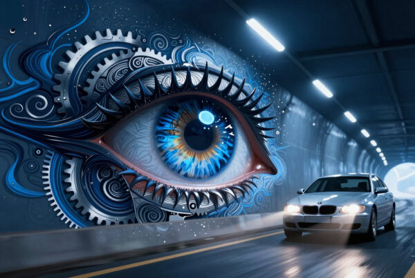 Silver BMW drives past giant mechanical eye mural in glowing futuristic tunnel artwork