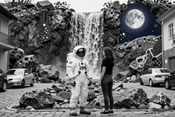 Astronaut meets girl under magical waterfall moonlit sky surreal fusion