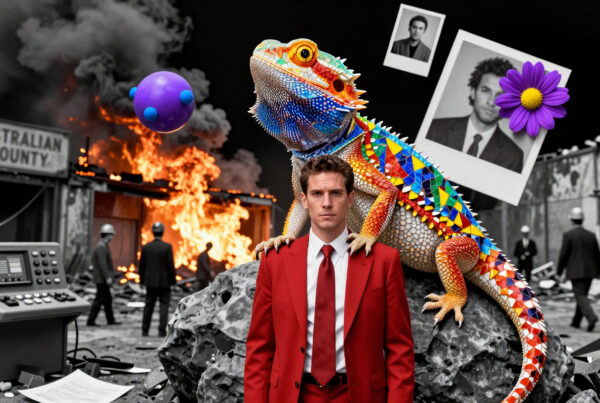 Man in red suit standing amidst post-apocalyptic ruins with colorful bearded dragon and floating photos