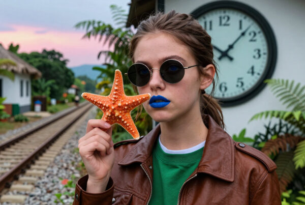 Girl posing with starfish near railroad clock during colorful sunset in tropical setting