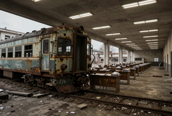 Abandoned train car sitting among ruined school desks and fallen debris under flickering fluorescents