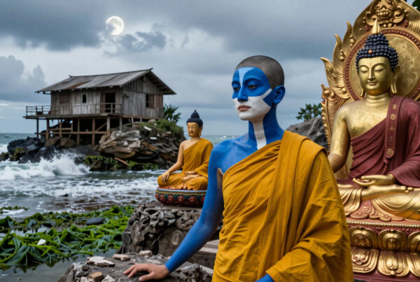 Mystical monk with blue paint near golden Buddha statues on stormy seaside cliffside