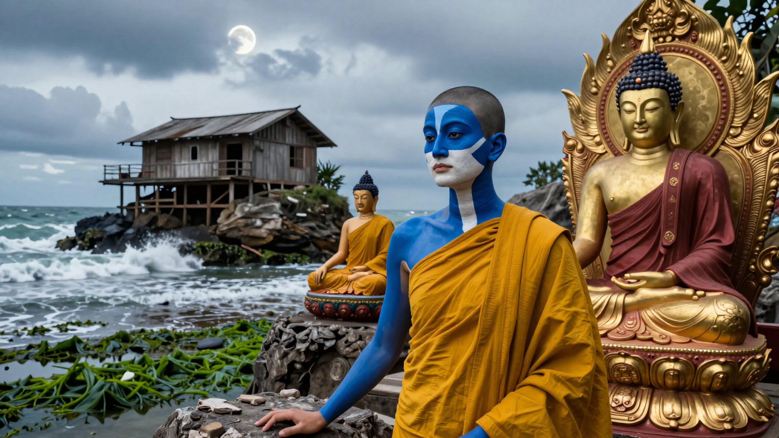 Moonlit Monk Among Statues