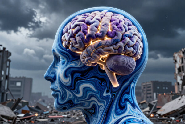 Human brain illuminated amidst destroyed cityscape, symbolic representation of resilient thoughts enduring catastrophe, futuristic neurology theme, conceptual art blending anatomy with environmental decay, visual metaphor for mental fortitude