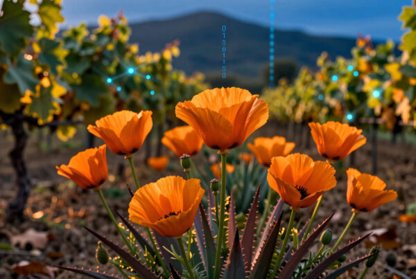 Orange poppies blooming among vineyards under twilight skies with subtle digital overlays