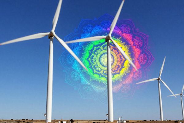 Wind turbines spinning under bright sun powered by clean renewable energy generating electricity sustainably amidst vast open land