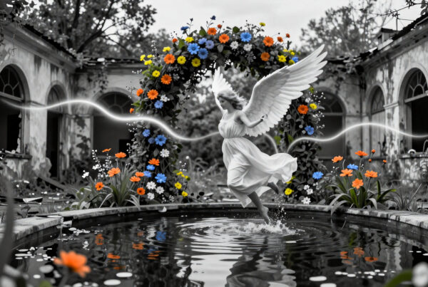 Angel gracefully leaping over ornate fountain amidst colorful blooming ruins