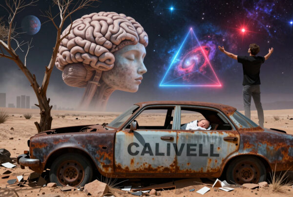 Surreal desert scene featuring giant brain sculpture, newborn inside rusted CALIVELL car, man reaching towards glowing cosmic triangle above alien planets