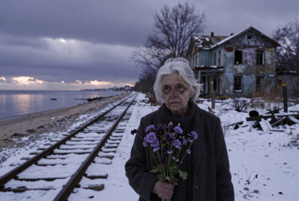 Elderly woman holding flowers near railroad tracks beside decaying seaside home during winter dusk