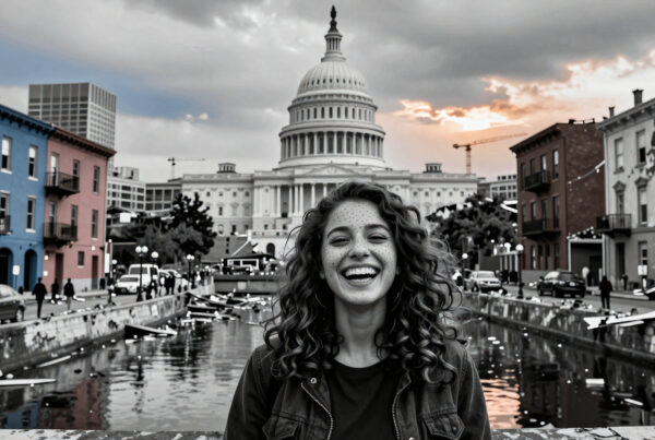 Young woman laughing joyfully before U.S. Capitol in Washington DC urban canal scenery