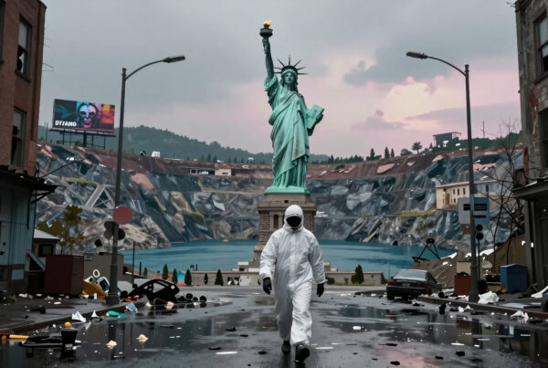 ystopian Statue of Liberty walking alone through ruined city after ecological disaster