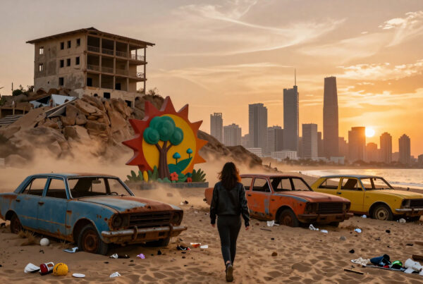 Woman walking through abandoned cars on polluted beach near ruined building and distant futuristic skyline during dramatic orange sunset.
