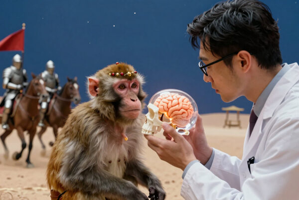 Scientist examines glowing brain model beside crowned monkey amid medieval knights riding desert sands under starry night sky